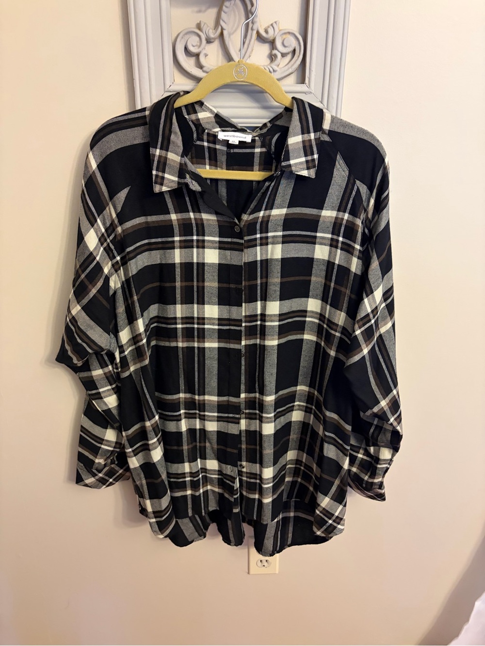 Westbound Black Plaid Button-Down Shirt with White and Gray Stripes Super Soft